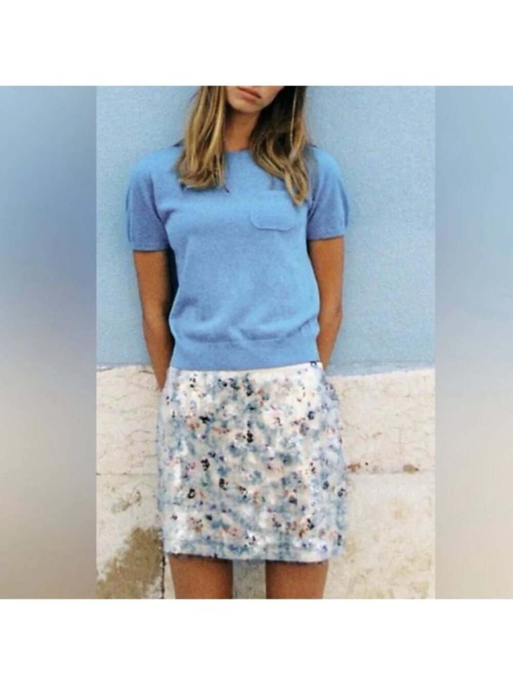 NWT Zara Sequin Mini Skirt Ecru / Blue Size Medium